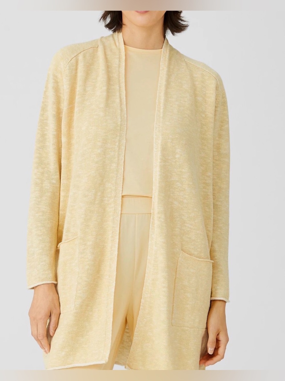 Eileen Fisher Organic Cotton Linen Slub Long Cardigan butter yellow knit small - Picture 1 of 7